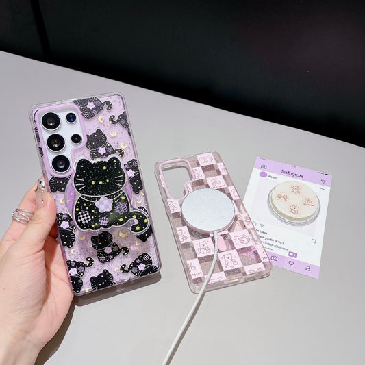 Cute Cartoon Moon Cat Magnetic Phone Case for Samsung S25 S24 S23 Ultra FE Plus Glitter Back Cover for Women Girls with Magnetic Stand