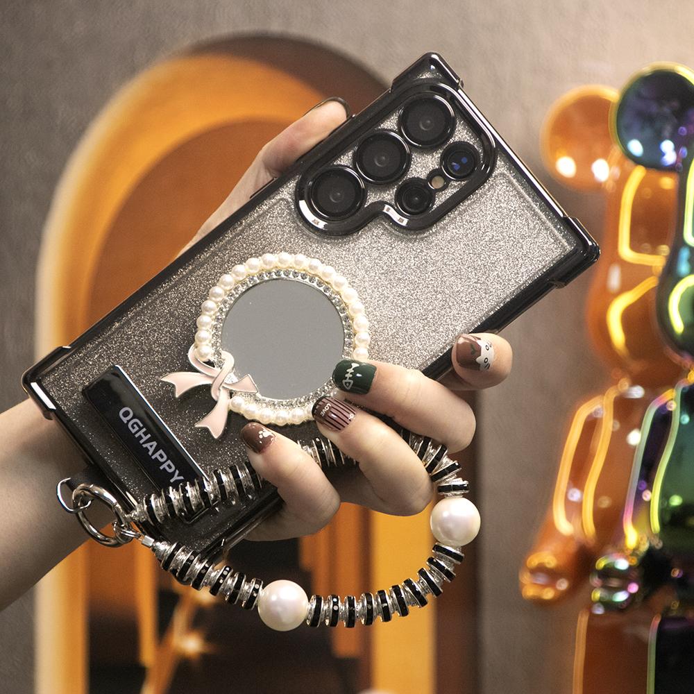 Gradient Plating Four Corners Bowknot Mirror Thin Kickstand Case with Pearl Diamond Wristband for Samsung S25Ultra S25 S24 S23 S22 S21 Note20 A53 A54 A55 Hard Acrylic Bumper Full Cover