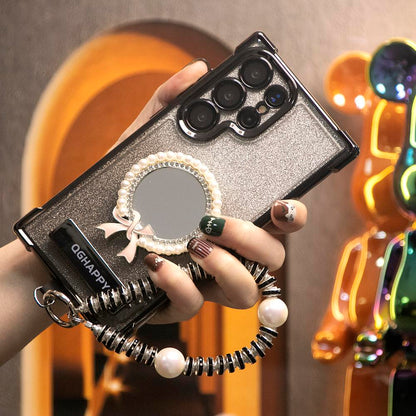Gradient Plating Four Corners Bowknot Mirror Thin Kickstand Case with Pearl Diamond Wristband for Samsung S25Ultra S25 S24 S23 S22 S21 Note20 A53 A54 A55 Hard Acrylic Bumper Full Cover