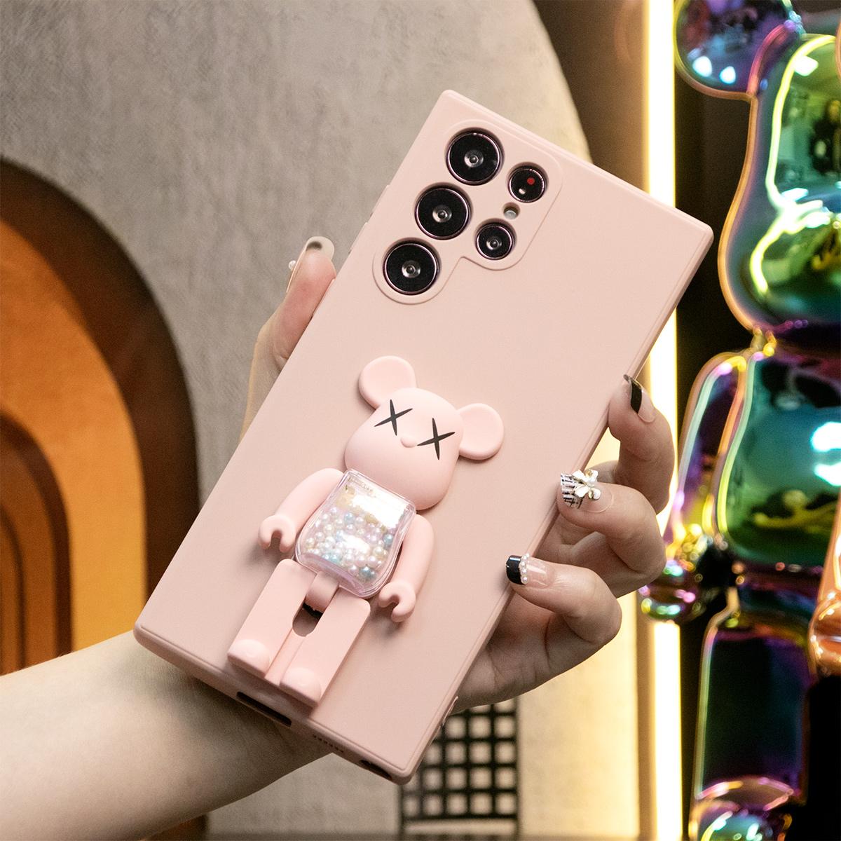 Liquid Silicone Matte Shockproof Frosted Candy Bear Stand Phone Case For Samsung S25 S24 S23 S22 S21 Note20 A16 A15 A25 A36 A35 A55 Camera Protect Soft Cover