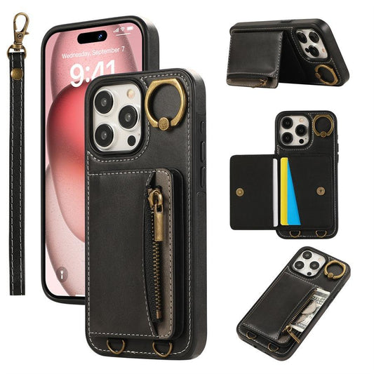 For iPhone 16ProMax 16 15 14 13 12 Leather Phone Case with Double Folding Wallet Wristband, Anti-Fall Card Bag Kickstand Shockproof Business Hard Full Cover