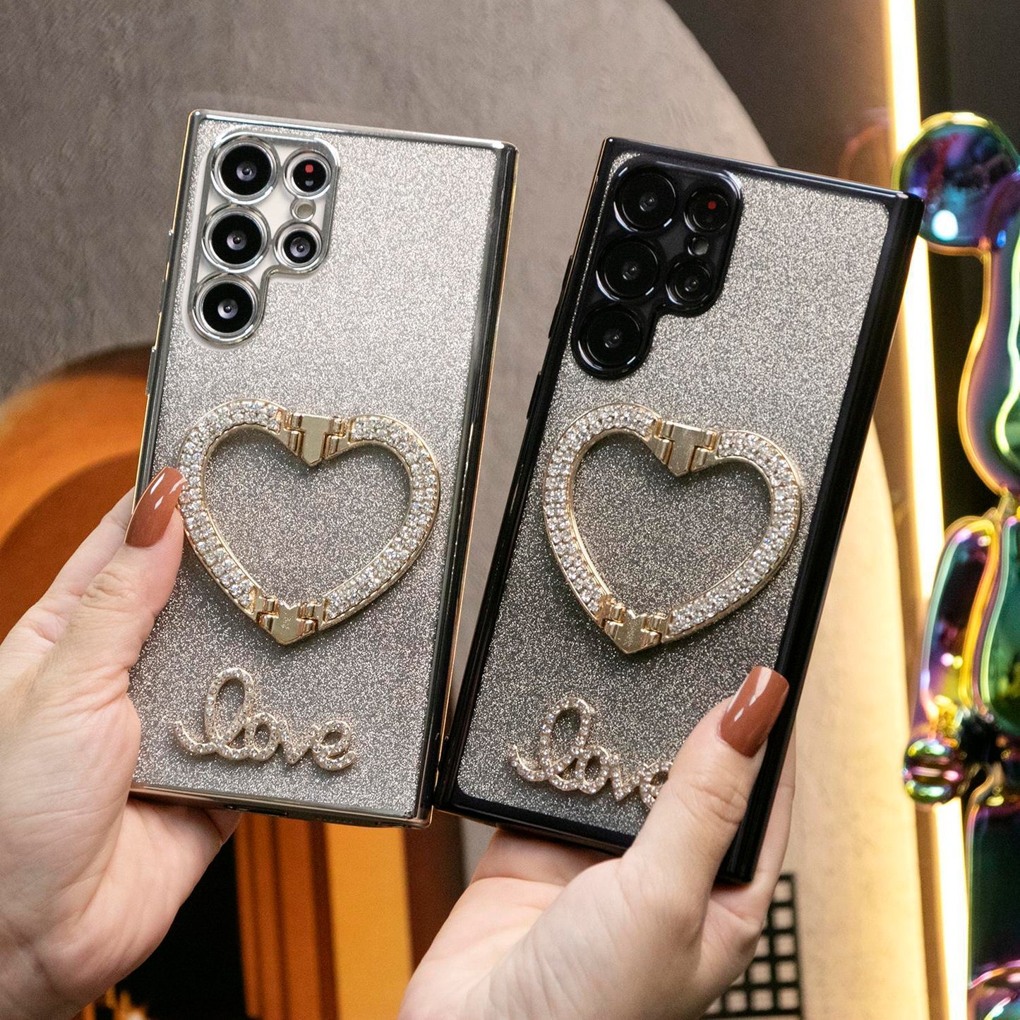Luxury Diamond Glitter Crystal Love Heart Holder Bracket Glitter Clear Gradient TPU Plating Shockproof Soft Phone Case For Samsung S25 S24 S23 S22 S21 Note20
