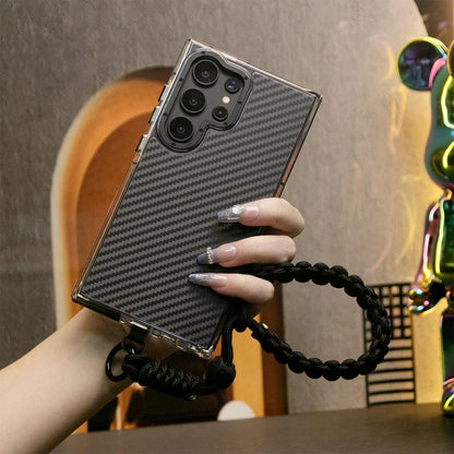 Two-tone Carbon Fiber Pattern Phone Case, Metal Hardware Camera Protective Acrylic Cover, With Adjustable Woven Strap, Shockproof Anti-Fall Bumper For iPhone 16 15 14 13 12 11