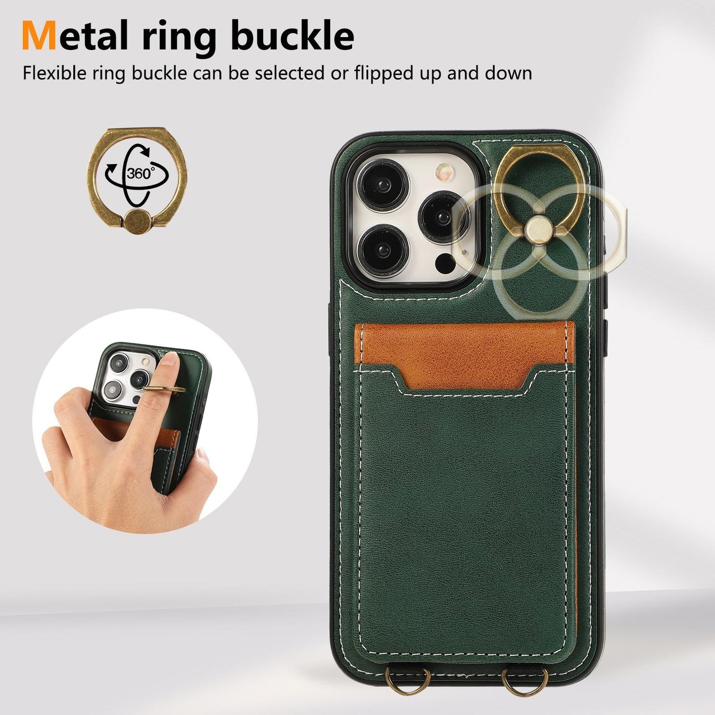 For iPhone 16ProMax 16 15 14 13 12 Leather Phone Case with Double Folding Wallet Wristband, Anti-Fall Card Slot Ring Kickstand Shockproof Business Hard Full Cover