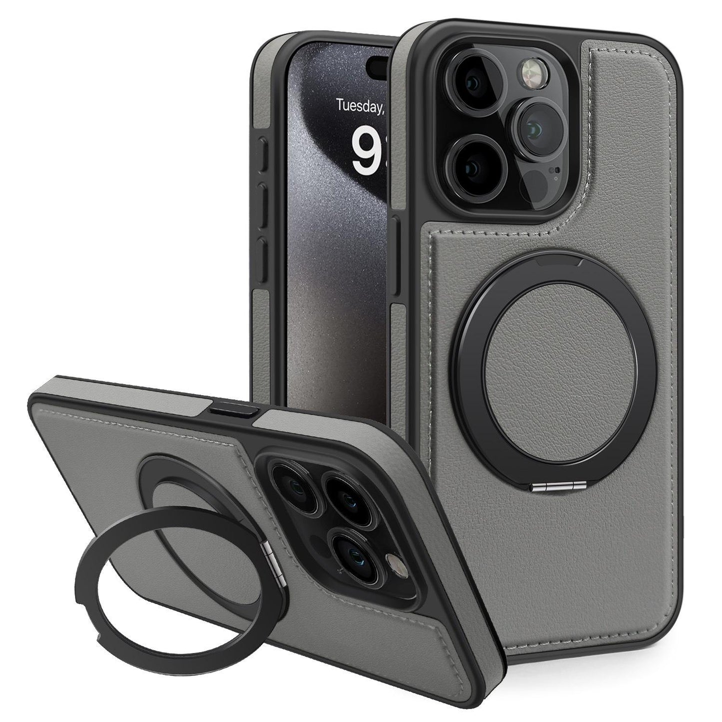 Luxury Full Leather Phone Case For iPhone 16ProMax 16 15 14 13 12 11 Magnetic Rotate Metal Holder Stand Back Cover
