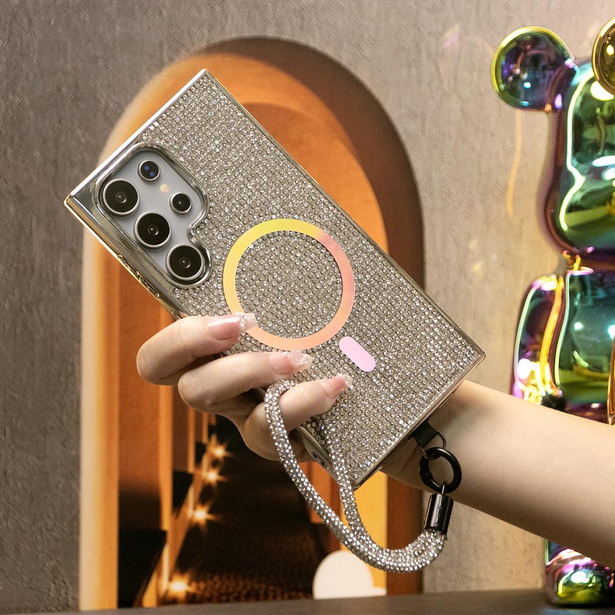 Luxury Glitter Rhinestone Plating Diamonds Magnetic Wireless Charging Phone Case With Rhinestone Wristband For Samsung S25 S24 S23 Shockproof Protection Soft Bumper Cover