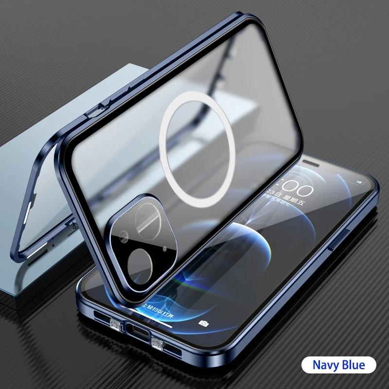 Double Sided HD Glass Matte Back Cover Aluminium Alloy For Magsafe Full Cover 360 Magnetic Ring High Definition Metal Case For iPhone 16ProMax 16 15 14 13 12 Pro Max Glass Full Cover