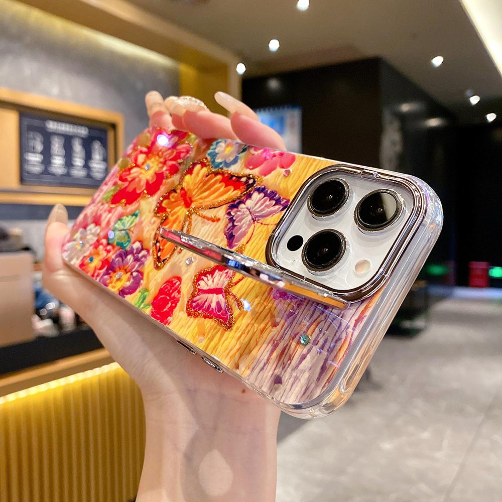 For iPhone 16ProMax 16 15 14 13 12 11 Phone Case with Diamond Camera Kickstand, Rainbow Flower Rose Butterfly, Oil Painting Camera Frame Anti-drop Hard Shockproof Full Cover