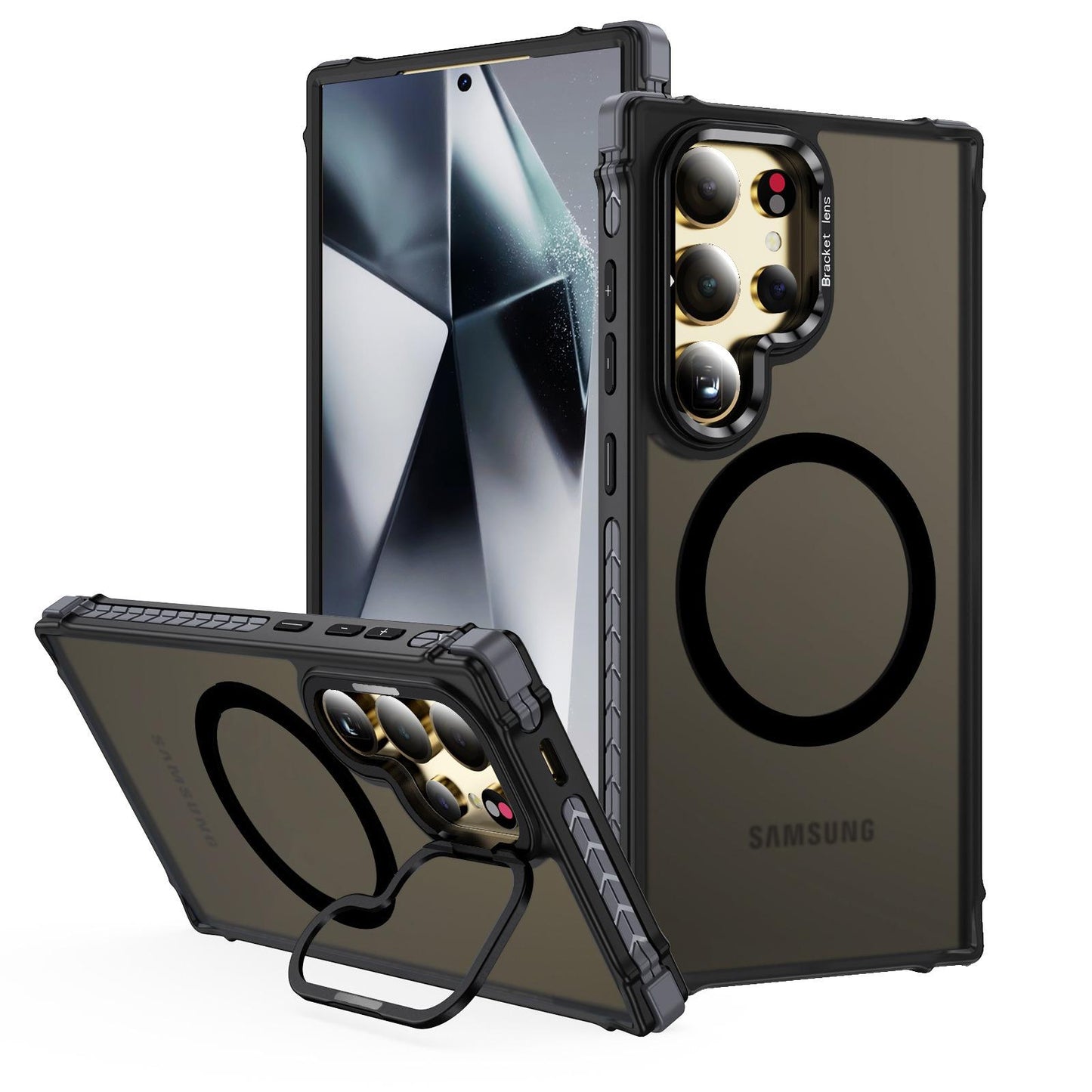 Two-tone Matte Transparent Anti-Dust Four Corner Anti-Fall Bumper Shockproof Strong Magnetic Phone Case With Metal Camera Kickstand for Samsung S25Ultra S24 S23FE S23 A14 A15 A25 A35 A54 A55