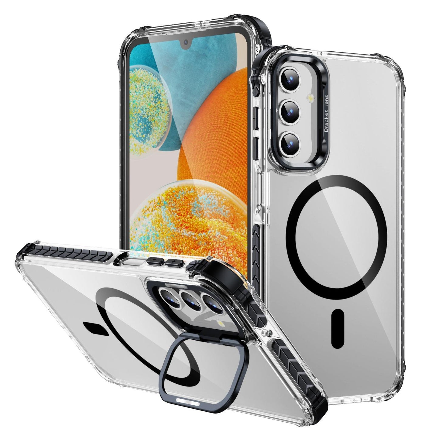 HD Transparent Anti-Dust Four Corner Anti-Fall Bumper Shockproof Strong Magnetic Phone Case With Metal Camera Kickstand for Samsung S25Ultra S24 S23FE S23 A14 A15 A25 A35 A54 A55