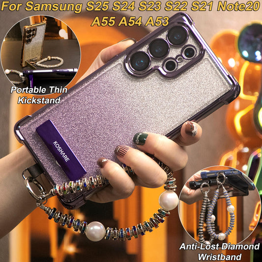 Gradient Plating Four Corners Thin Kickstand Case with Pearl Diamond Wristband for Samsung S25Ultra S25 S24 S23 S22 S21 Note20 A53 A54 A55 Hard Acrylic Bumper Full Cover