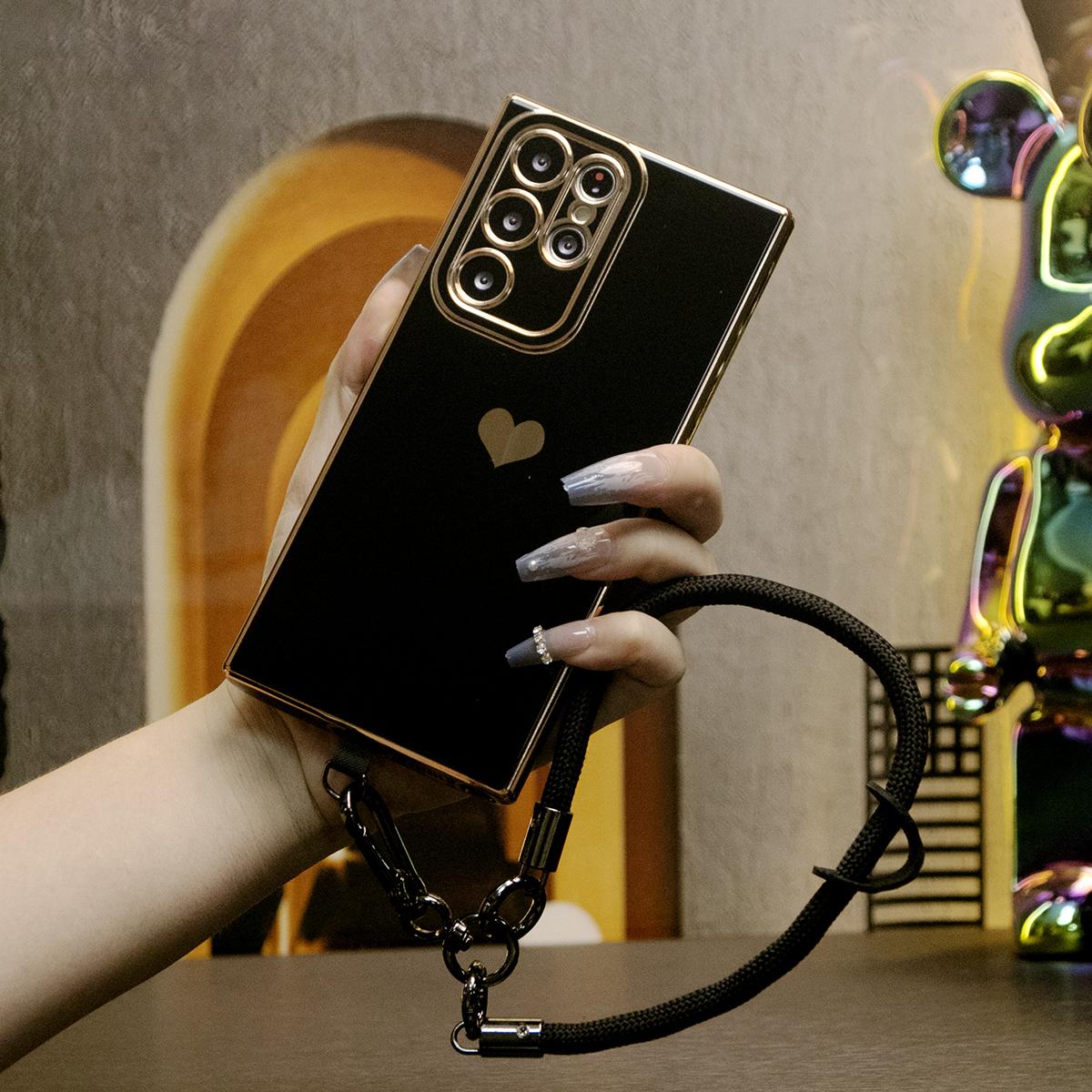Luxury Love Heart Side Pattern Plating Basic Phone Case With Multifunctional Climbing Wristband For Samsung S25Ultra S25 S24Ultra S24FE S24 S23 S22 S21 FE Plus Ultra A15 A16 A25 A35 A55