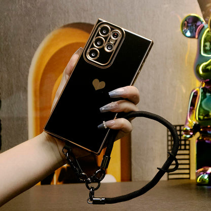 Luxury Love Heart Side Pattern Plating Basic Phone Case With Multifunctional Climbing Wristband For Samsung S25Ultra S25 S24Ultra S24FE S24 S23 S22 S21 FE Plus Ultra A15 A16 A25 A35 A55