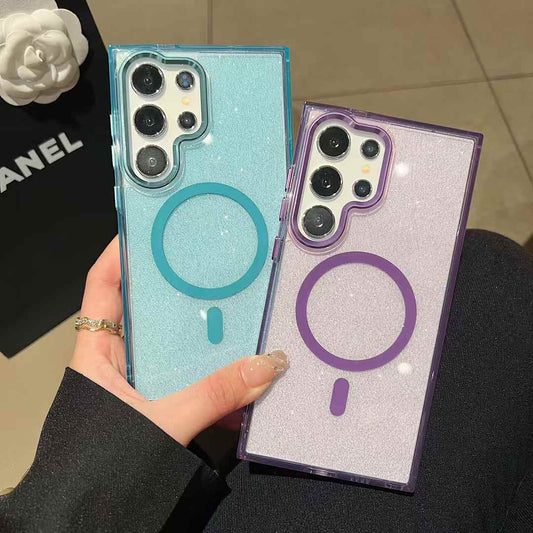 Glitter Transparent Strong Magnetic For Magsafe Phone Case For Samsung S25Ultra S25+ S25 S24Ultra S23FE S23Ultra S24 S23 Metal Frame Shockproof Bumper Acrylic Hard Cover