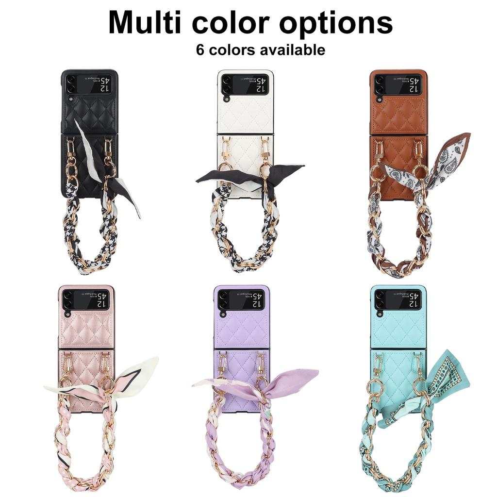 Luxury Silk Scarf Chian Leather Case For Samsung Galaxy Z Flip 6 Flip 5 Flip 4 Flip3 5G Luxury Crossbody Strap Smart Phone Cover