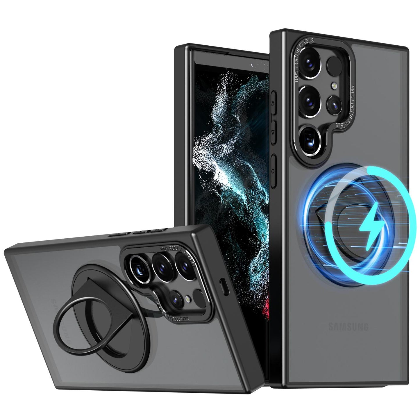 Matte Ring KickStand Metal Frame Magnetic Wireless Charging Acrylic Phone Case For Samsung S24Ultra S24 S23Ultra S23FE S23 S22 plus Case Magnetic Shockproof Hard Full Cover