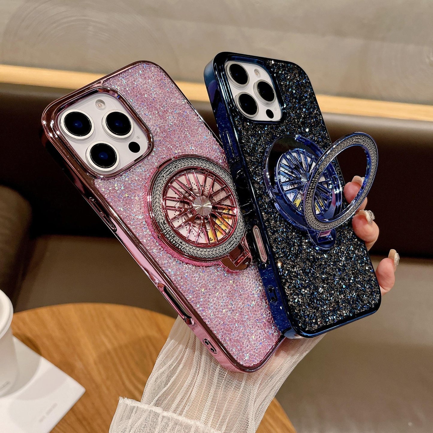 Luxury Rhinestone Glitter Plating Slim PC Phone Case with Gyro Kickstand For iPhone 16ProMax 15 14 13 Hard Full Cover