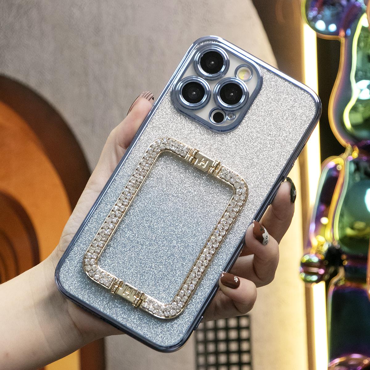 Glitter Transparent Gradient 3D Crystal Square Holder Plating Phone Case For iPhone 16 15 14 13 12 Pro Max Clear Soft TPU Back Cover