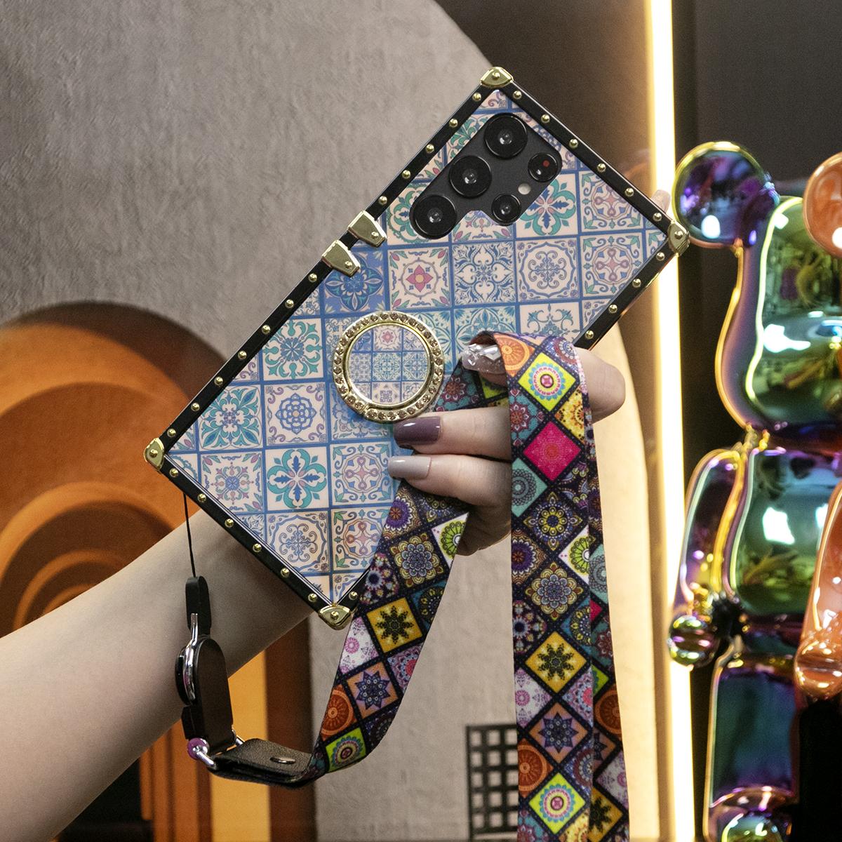 Luxury Glitter Retro Flower Pattern Cover For Samsung S25 S24 S21 S22 S23Ultra Fashion Geometric Square Case For Samsung A74 A73 A72 A71 A55 A54 A53 A52 A35 A34 A24 A25 A14 A15