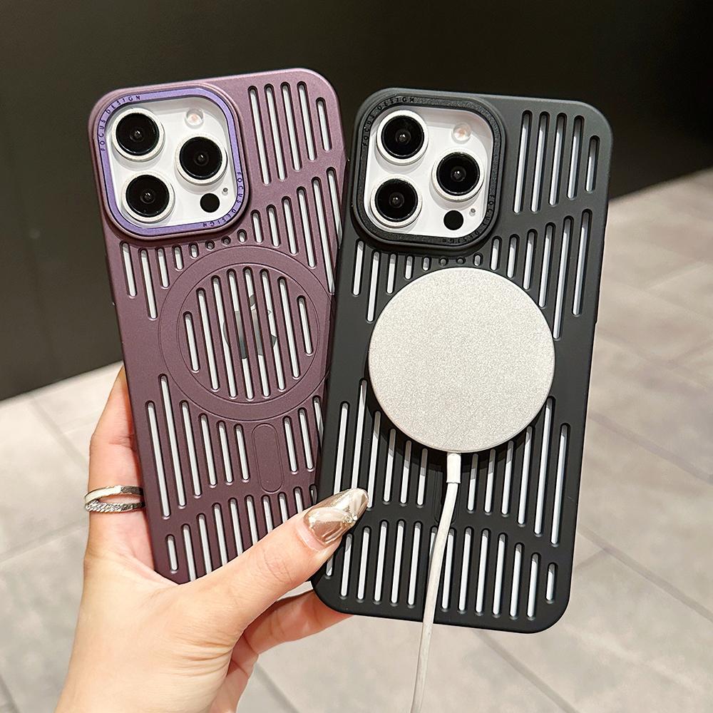 For iPhone 16ProMax 16 15 14 13 12 Plus Pro Max Phone Case, Hollow Out Matte Cooling Magnetic PC Ultra Light, Heat Dissipation Metal Lens Protection Soft Full Cover