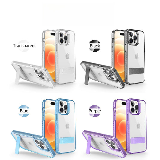 High Definition Transparent Anti-Fall Bumper Shockproof Clear Phone Case With Metal Simple Kickstand for iPhone 16ProMax 15 14 13 12 11 Hard Full Cover