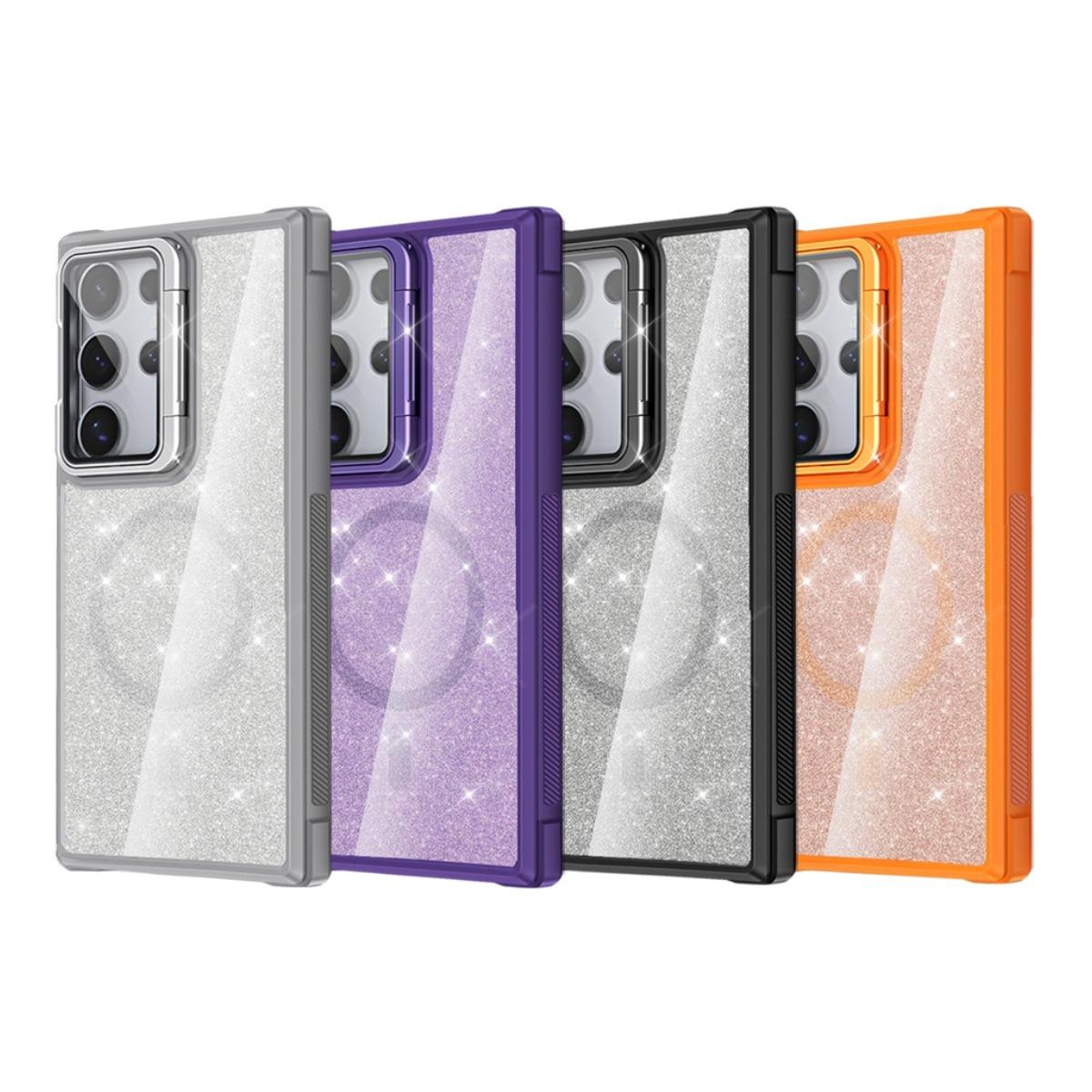 For Samsung S25Ultra S25 S24 S23 S21FE S20FE Strong Magnetic Phone Case, Glass Camera Kickstand Protection, Glitter Clear Acrylic Four Corner Shockproof Bumper Hand Feel Hard Full Cover