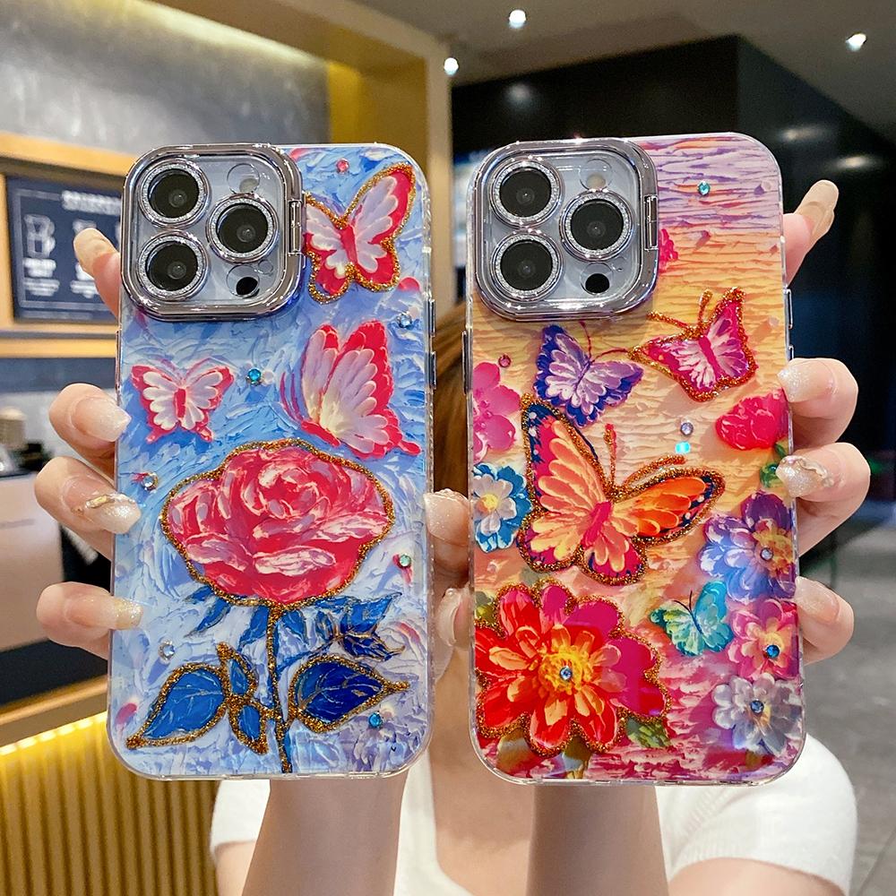 For iPhone 16ProMax 16 15 14 13 12 11 Phone Case with Diamond Camera Kickstand, Rainbow Flower Rose Butterfly, Oil Painting Camera Frame Anti-drop Hard Shockproof Full Cover