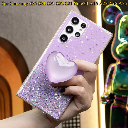 Glitter Star Sequin Crystal Love Heart Stand Phone Case For Samsung S25 S24 S23 S22 S21 Note20 A15 A25 A35 A55 Clear Soft TPU Back Cover
