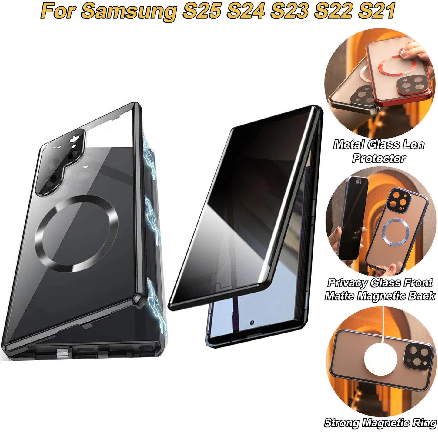 Privacy Tempered Glass Front Acrylic Magnetic Ring Black Cover Double Sided Magnetic Phone Case for Samsung S25Ultra S25 S24 S23 S22 S21 Metal Frame Anti-peep Full Case with Len Protection