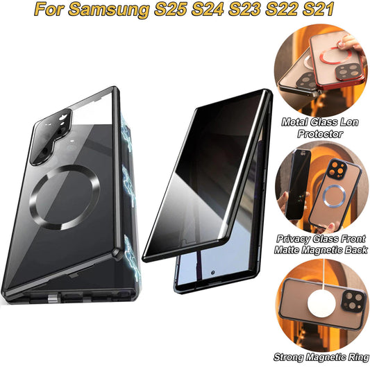Privacy Tempered Glass Front Acrylic Magnetic Ring Black Cover Double Sided Magnetic Phone Case for Samsung S25Ultra S25 S24 S23 S22 S21 Metal Frame Anti-peep Full Case with Len Protection