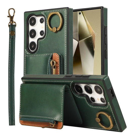 For Samsung S25Ultra S24 S23 S22 A16 A15 A35 A55 Leather Phone Case with Double Folding Wallet Wristband, Anti-Fall Card Bag Kickstand Shockproof Business Hard Full Cover