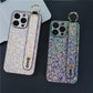 For iPhone 16ProMax 16 15 14 13 12 11 Case With Wristband, Luxury Glitter Durable Faux Leather Kickstand Shockproof Phone Case