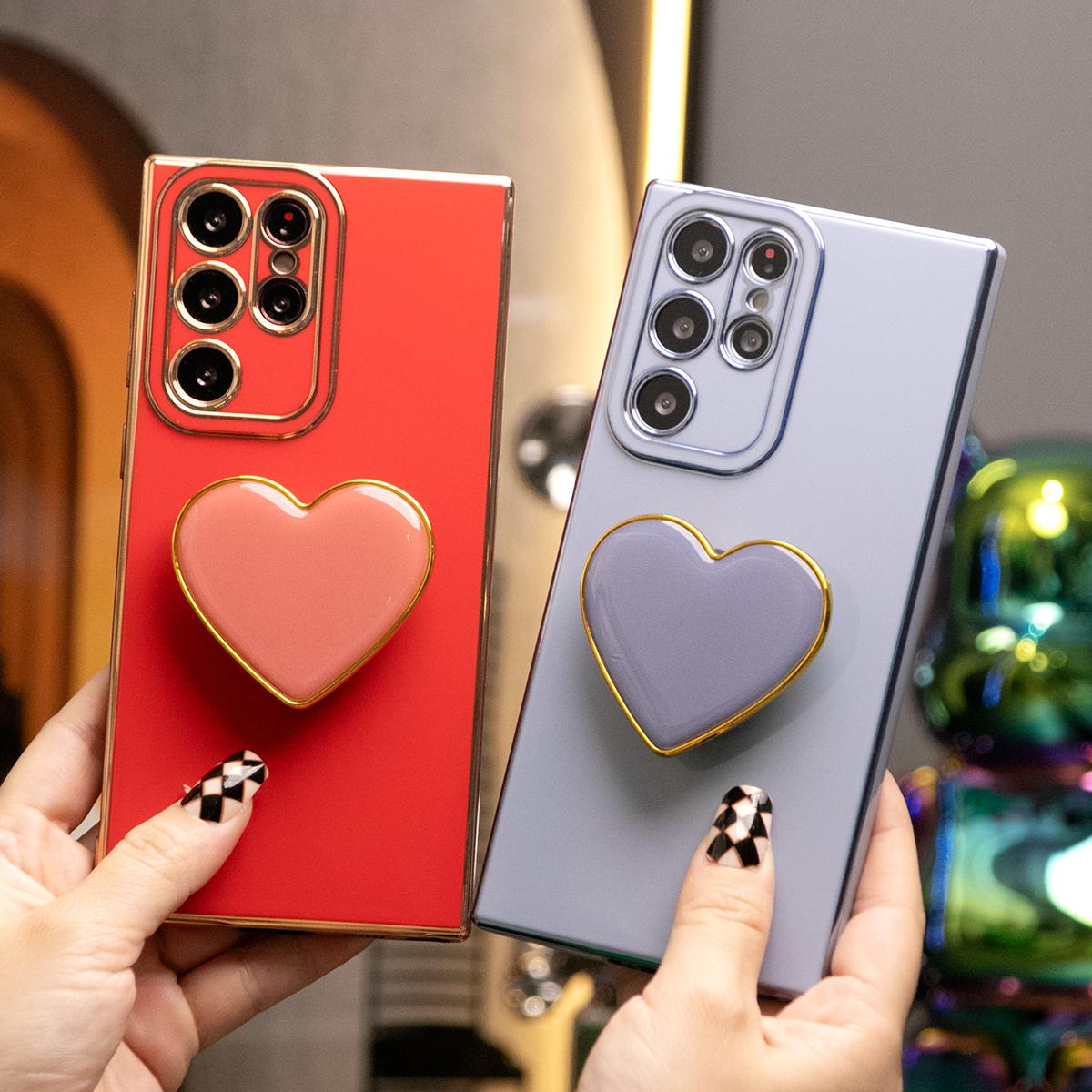 Love Heart Kickstand Pop Stand Plating Soft Phone Case For Samsung S25Ultra S25 S24Ultra S24FE S24 S23 S22 A15 A16 A25 A35 A53 A54 A55