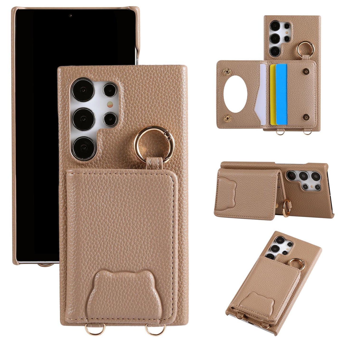 Bear Crossbody Mirror Wallet with Card Holder Phone Case for Samsung Galaxy S25 S24 S23 S22 Ultra Plus S24 FE Back Cover