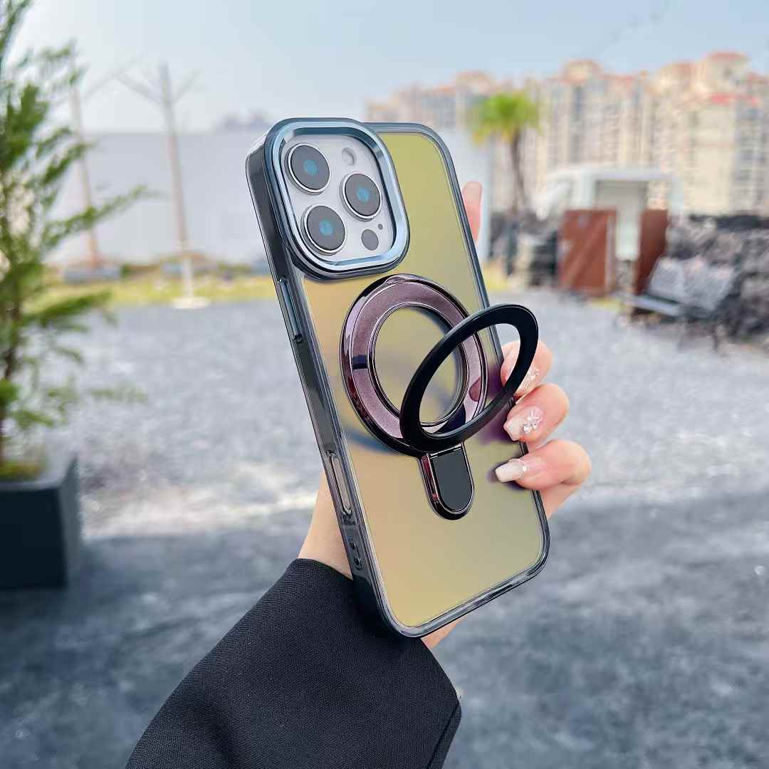 Strong Magnetic Kickstand Laser Gradient Chameleon For Magsafe Phone Case For iPhone 16 15 14 13 12 11 Pro Max Plus Metal Frame Acrylic Shockproof Hard Cover