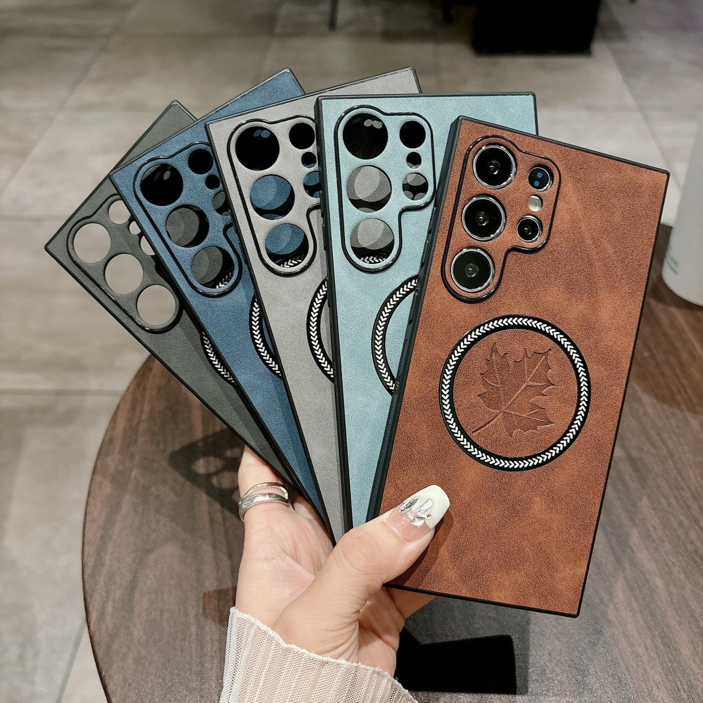 For Samsung S25Ultra S25Edge S24 S23 S22 S21 Note20 Case, Maple Leaf Pattern Matte Suede Leather Magnetic Shockproof Anti-Slip Hard Phone Case