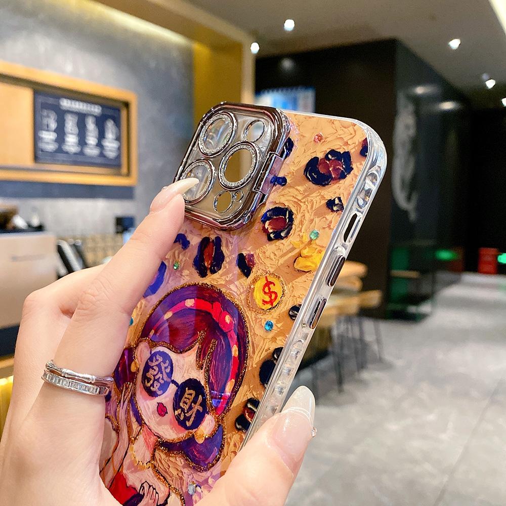 For iPhone 16ProMax 16 15 14 13 12 11 Phone Case with Diamond Camera Kickstand, Rich Girl Women Leopard Print Rainbow Castle, Oil Painting Camera Frame Anti-drop Hard Shockproof Full Cover