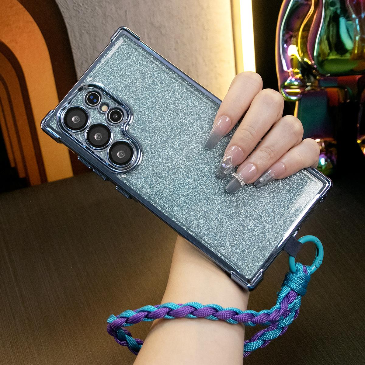 Luxury Glitter Plating Four Corners Shockproof Clear Case With Woven Wristband For Samsung S25 S24 S23 S22 S21 Note20 Transparent Hard Acrylic Hybrid Bumper Armor Cover