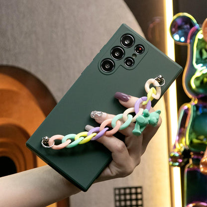 Liquid Silicone Matte Shockproof Phone Case with Bear Colorful Chain For iPhone 16 15 14 13 12 11 XR XSMax X/XS Camera Protect Soft Cover