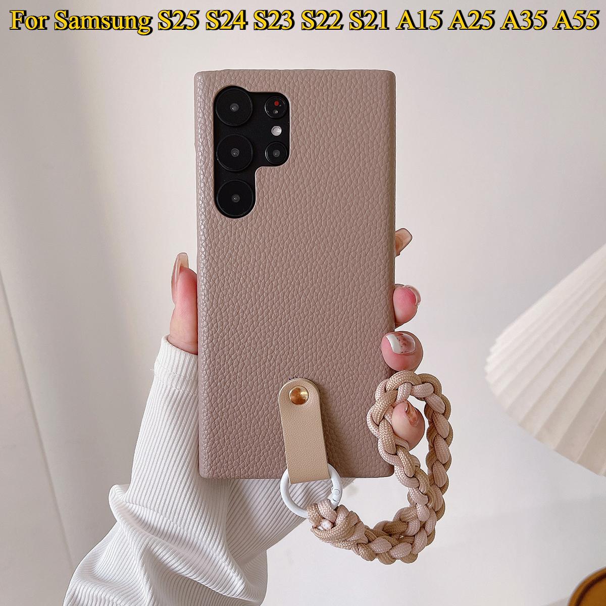 Luxury Wrist Strap Soft Leather Phone Case For Samsung S25 S24 S23 S22 S21 A15 A25 A35 A55 Solid Color Cover