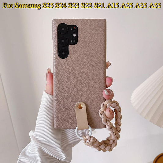 Luxury Wrist Strap Soft Leather Phone Case For Samsung S25 S24 S23 S22 S21 A15 A25 A35 A55 Solid Color Cover