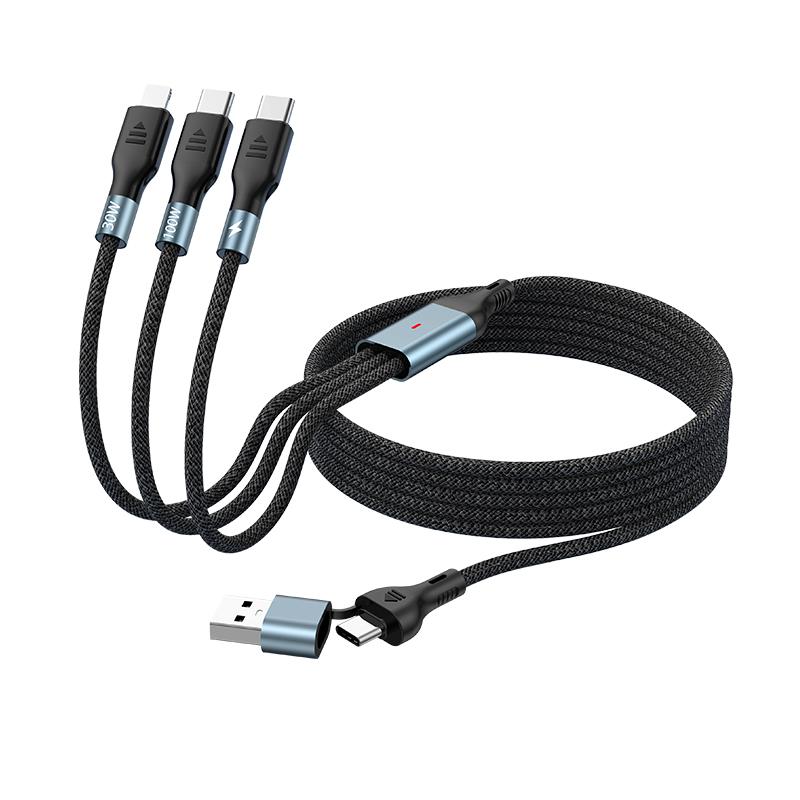 1.2m/2m 100W Super Fast Charge 2in3 Data Cable Support Laptop/Mobile Phone/Tablet USB+Type-c to C+L+C Multi-port Fast Charging Metal Head Nylon Braided Wire