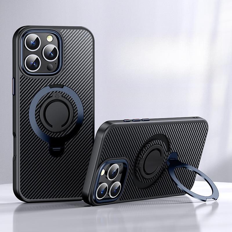 Carbon Fiber Pattern Slim PC Business Strong Magnetic Phone Case with 360 Rotating Metal Kickstand For iPhone 16ProMax 15 14 13 12 Skin Feel Bumper Shockproof Hard Full Cover