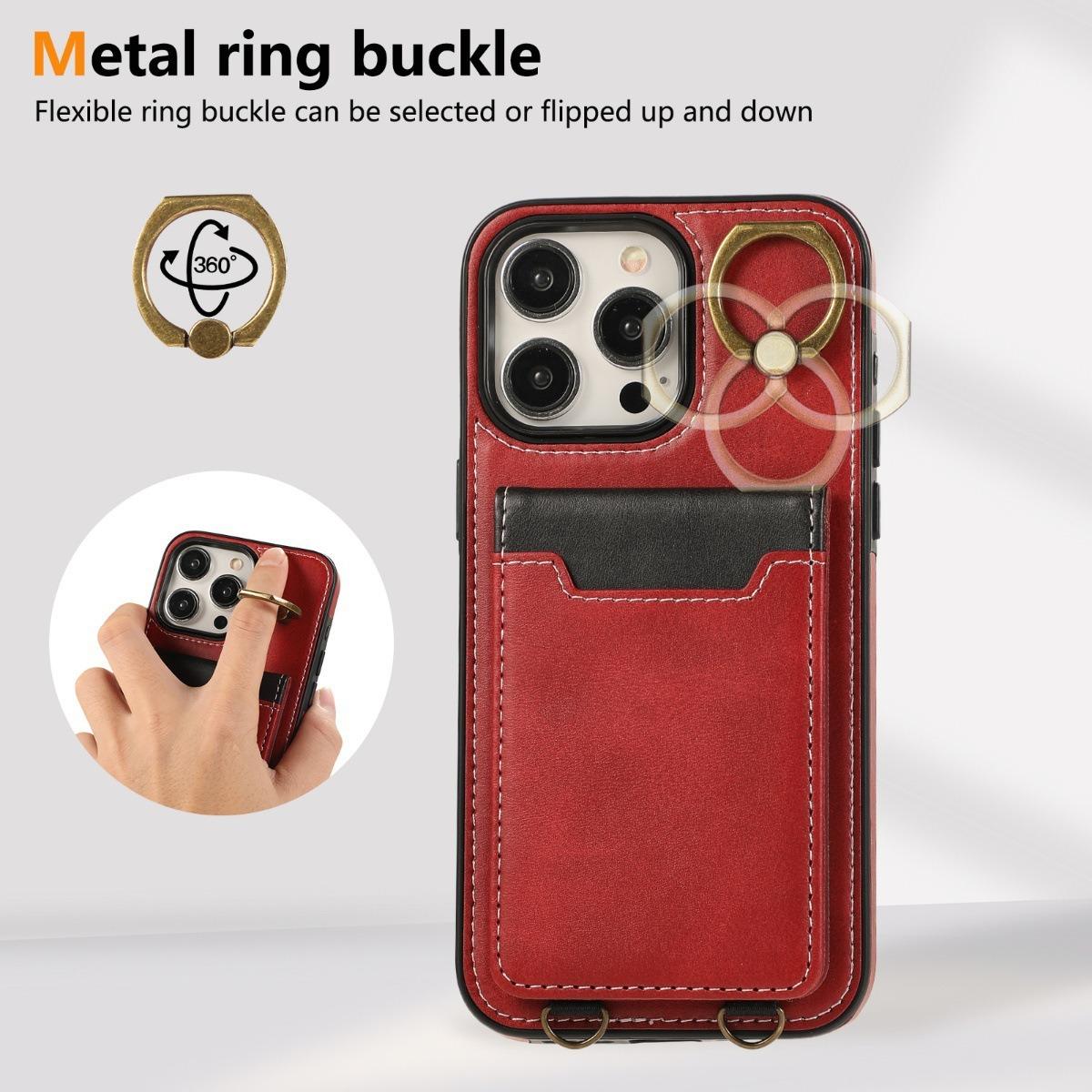 For iPhone 16ProMax 16 15 14 13 12 Leather Phone Case with Double Folding Wallet Wristband, Anti-Fall Card Slot Ring Kickstand Shockproof Business Hard Full Cover