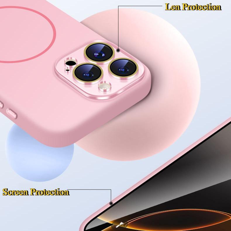 Liquid Silicone Fine Ring Strong Magnetic Precision Crystal Len Protector Fingerprint-proof Phone Case For iPhone 16ProMax 15 14 13 12 11, Soft Skin Feel Shockproof Soft Full Cover