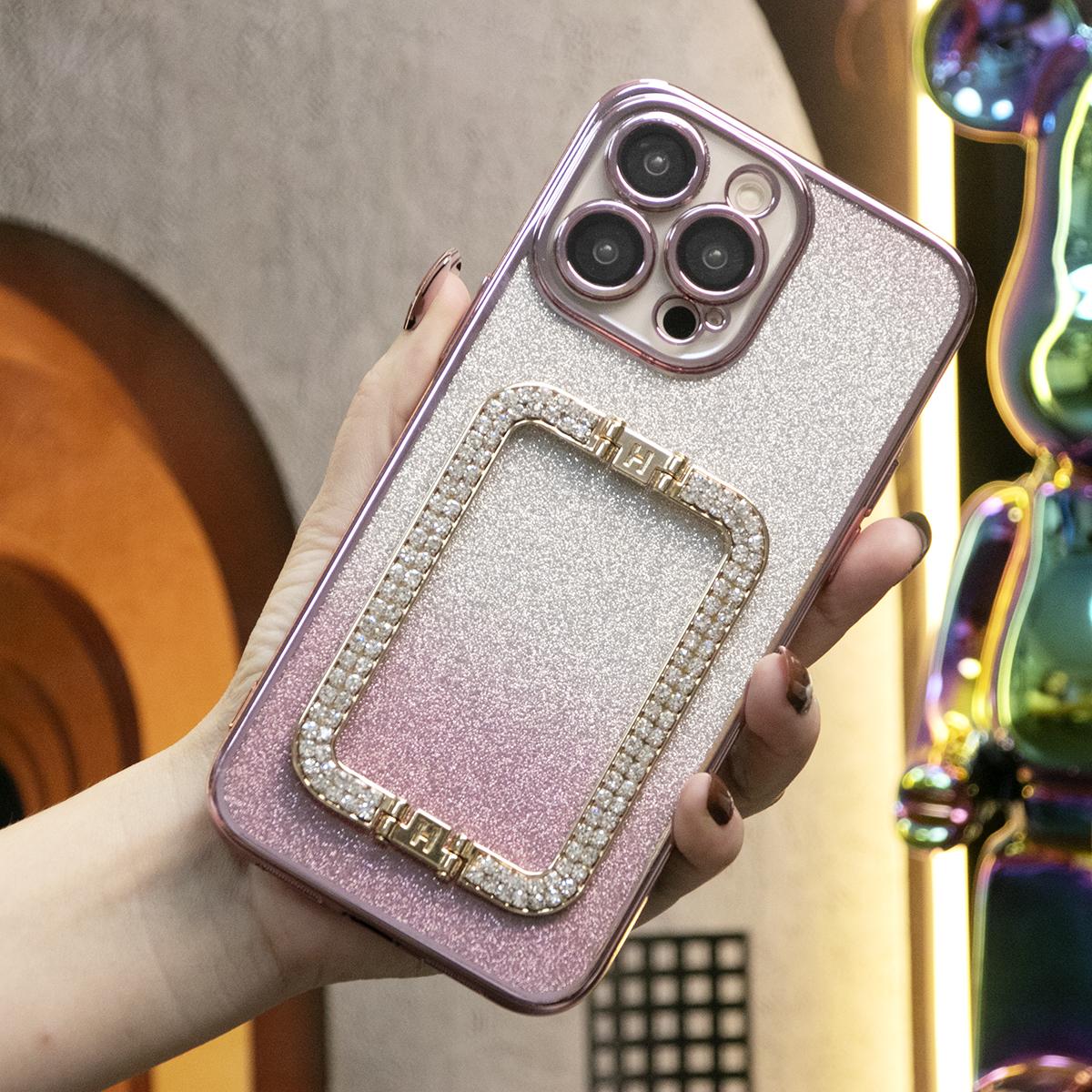Glitter Transparent Gradient 3D Crystal Square Holder Plating Phone Case For iPhone 16 15 14 13 12 Pro Max Clear Soft TPU Back Cover