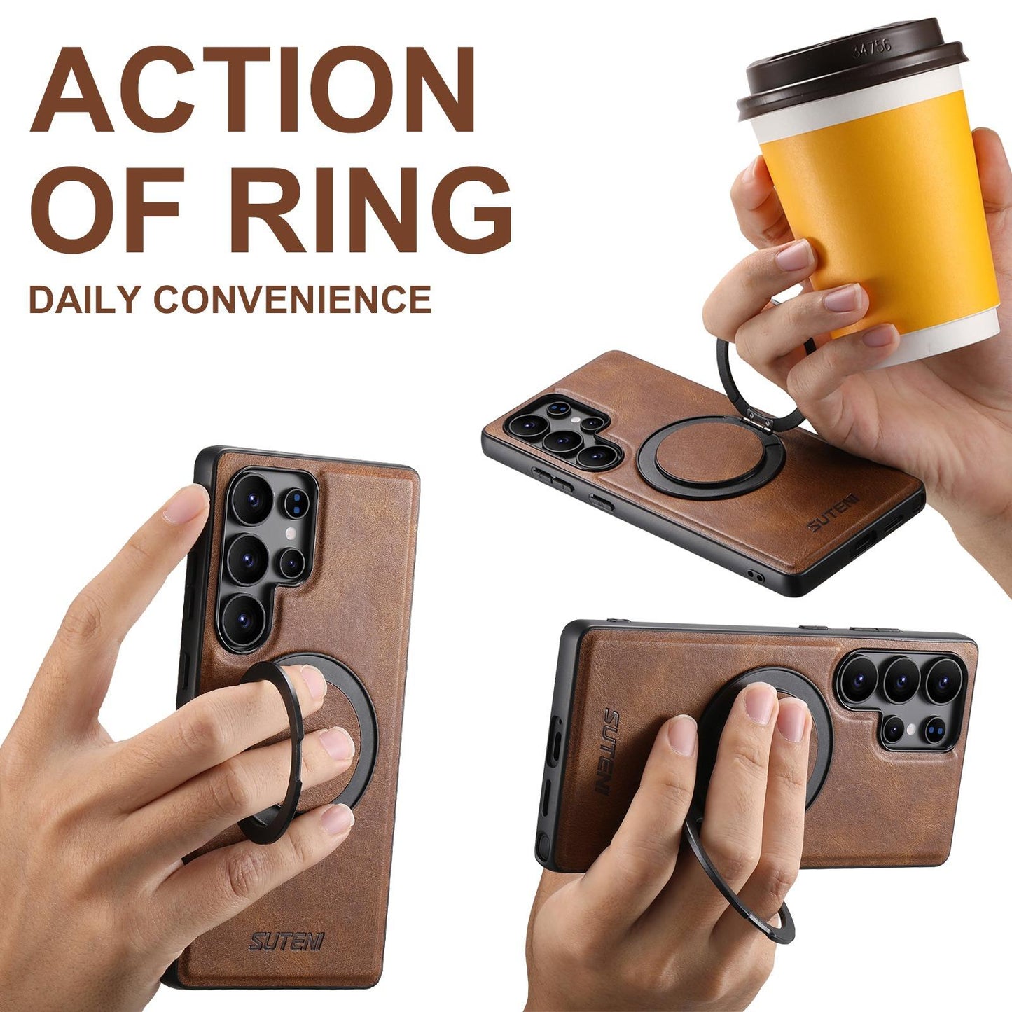 For Samsung S25 S24 S23 S22 Ultra Plus Phone Case, Smooth Surface Oil Wax Pattern Leather Metal Kickstand Shockproof Support Wireless Charging Hard Phone Case