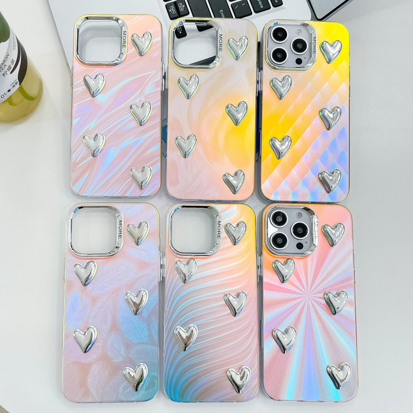 For iPhone 16ProMax 16 15 14 13 Phone Case, Electroplating Laser Love Heart Pattern Acrylic Slim, Camera Protection Non-Yellowing Hard Cover