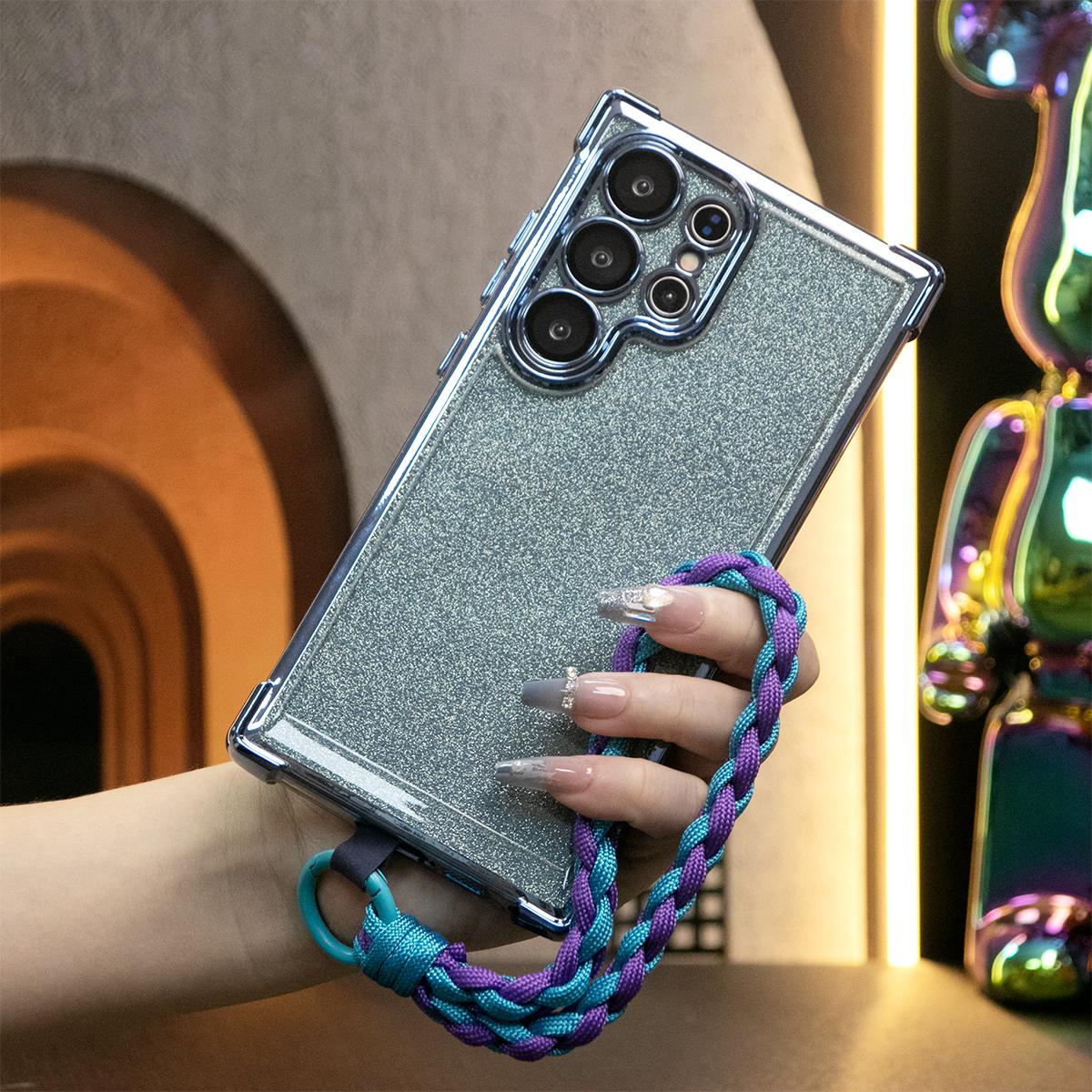 Luxury Glitter Plating Four Corners Shockproof Clear Case With Woven Wristband For Samsung S25 S24 S23 S22 S21 Note20 Transparent Hard Acrylic Hybrid Bumper Armor Cover