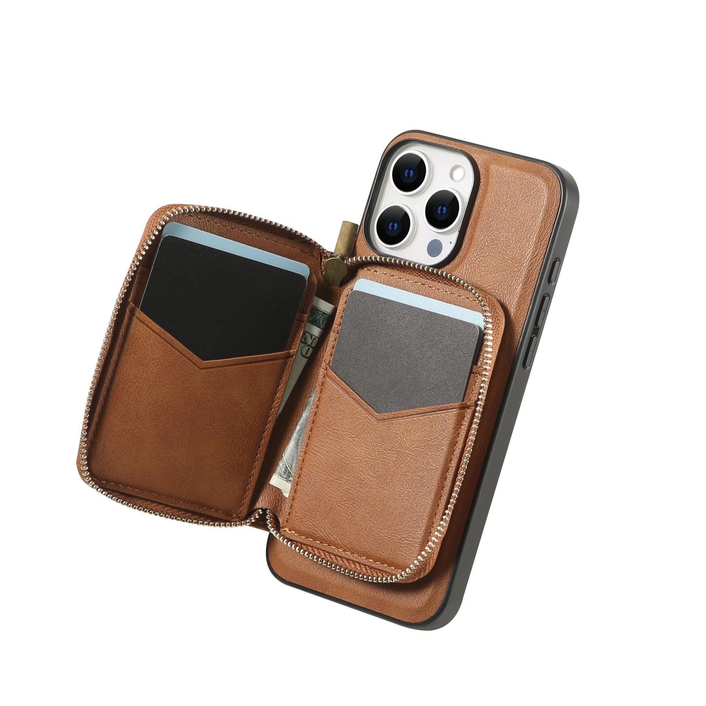 Multi-function Leather Zipper Card Case Strong Magnetic Wallet Card Holder Card Bag Case for Magsafe for iPhone 16 15 14 13 12 Pro Max Stand Cover for Samsung S25 S24 S23 Smart Phone Accessories